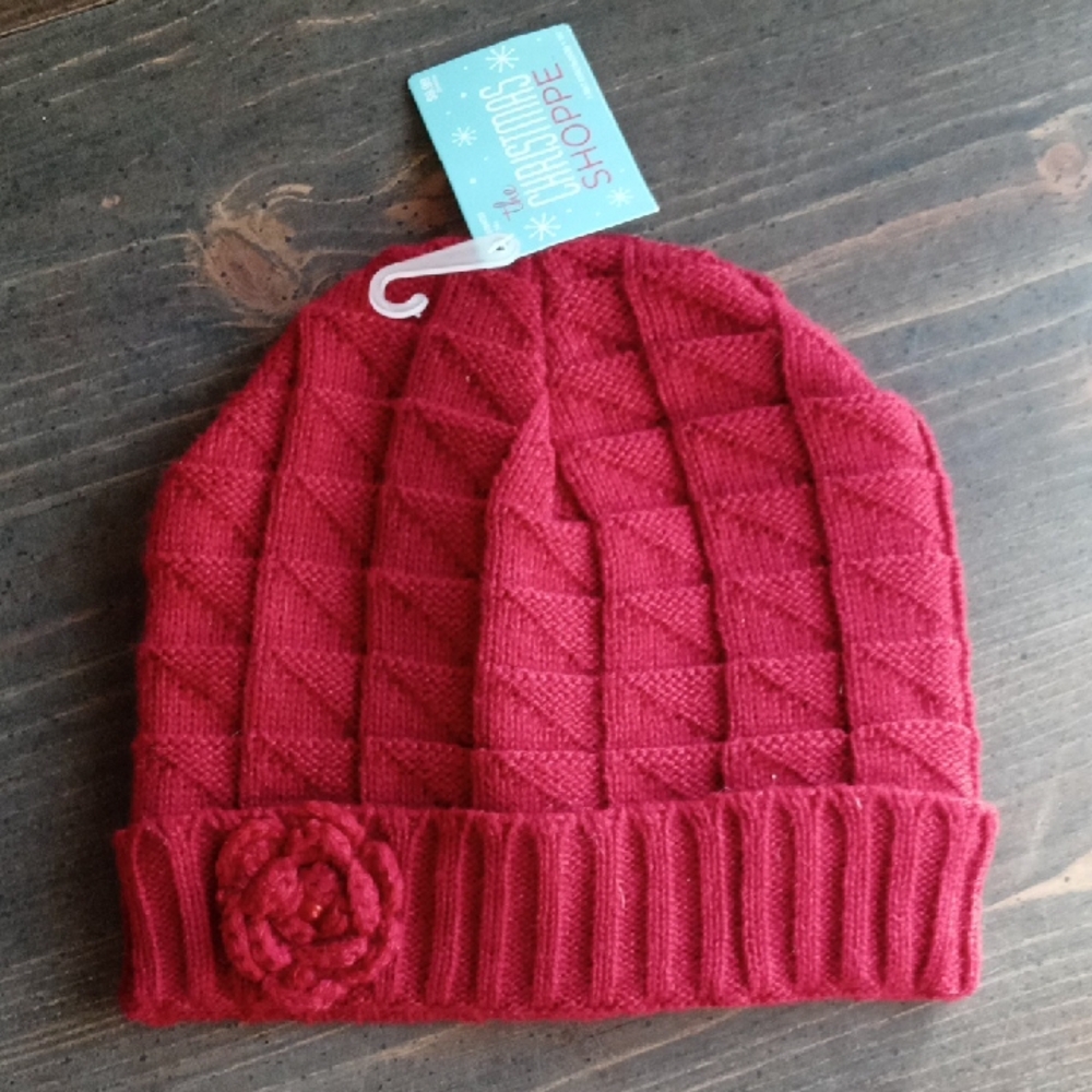 Red Knitted  Beanie with Flower Accent